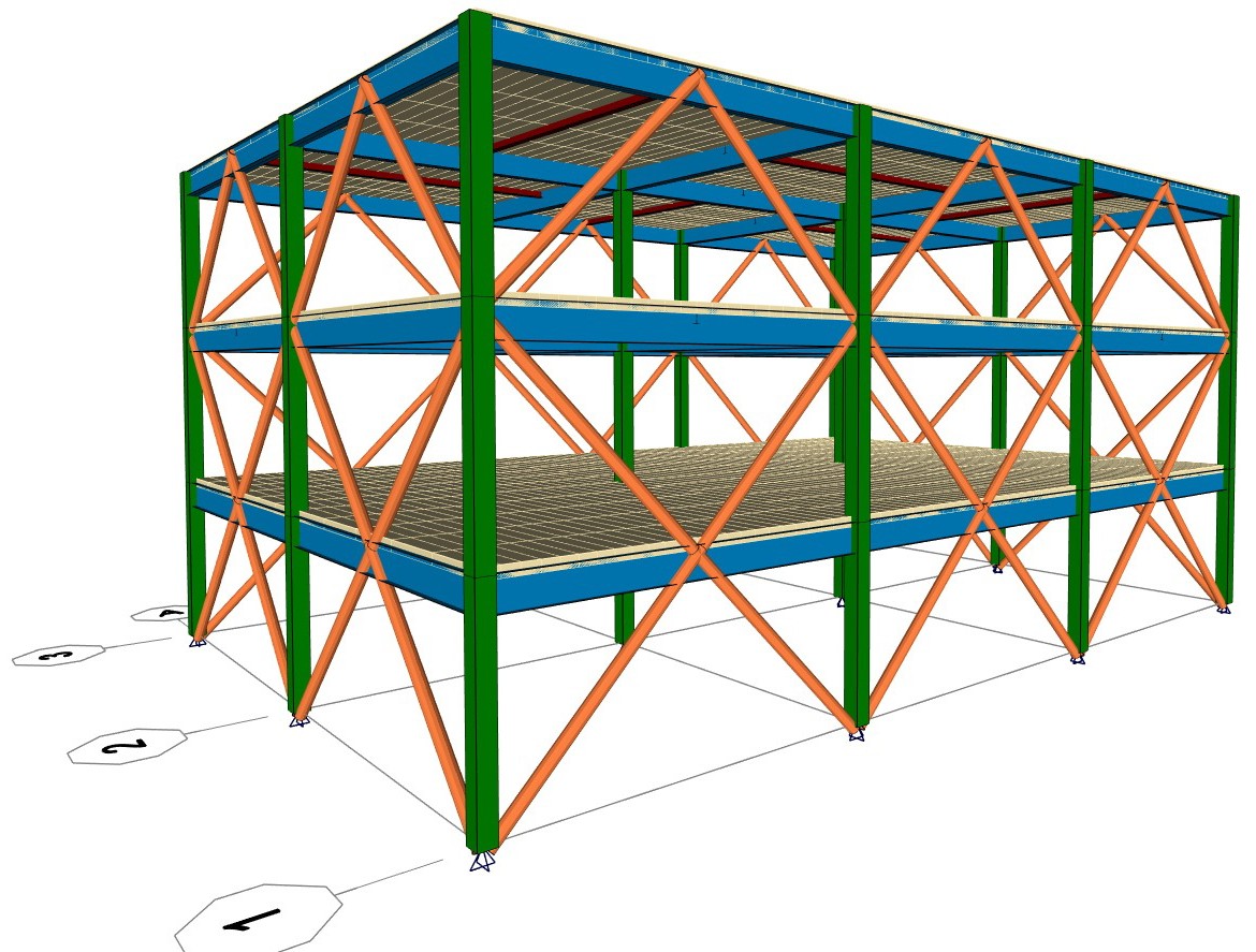 SAP2000 FEM structural model with color-coded members